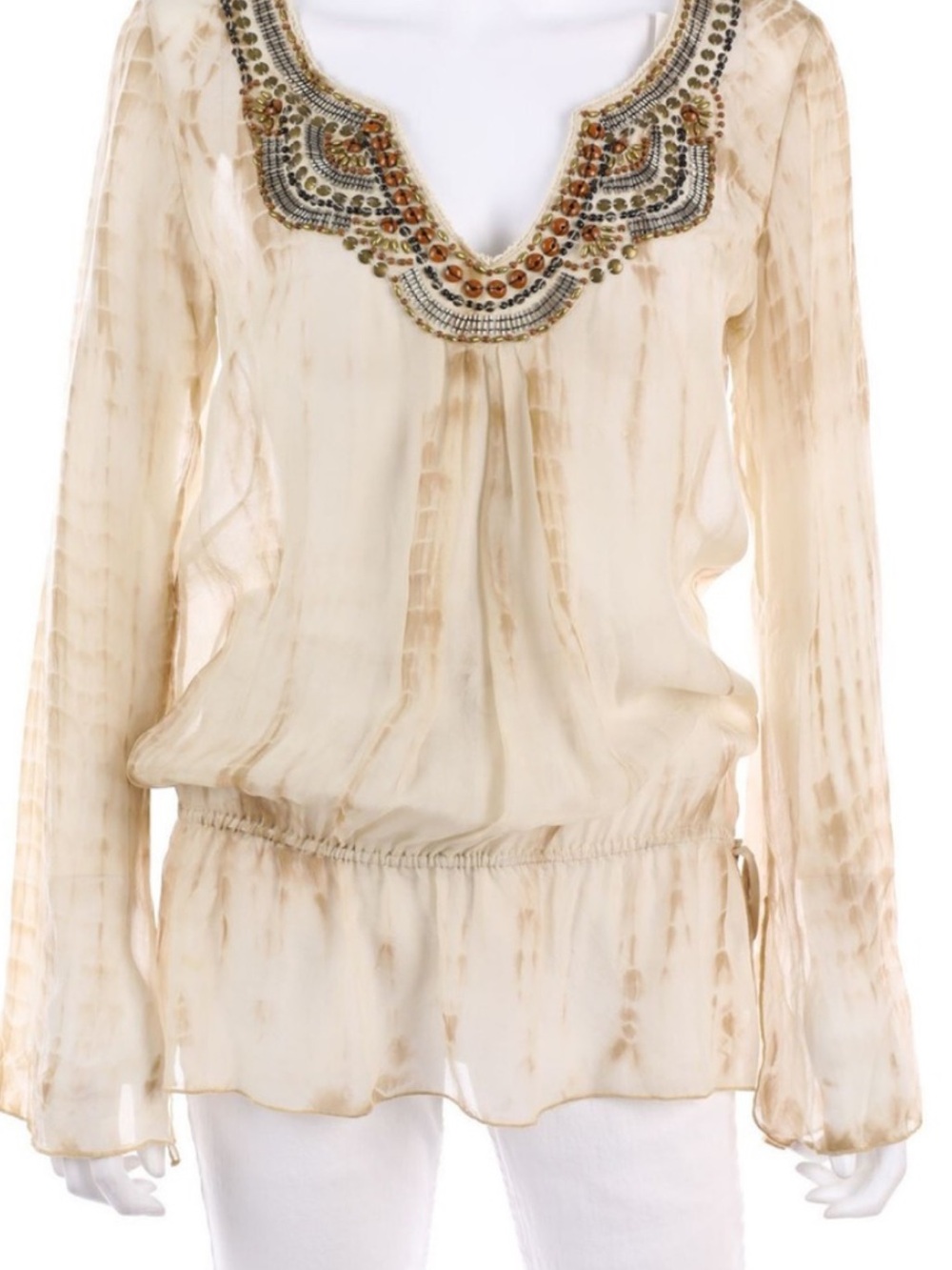 Embellished Cream Tie-Dye Peasant Tunic